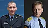 To menn i politiuniform fotografert side ved side mot blå og mørk bakgrunn.